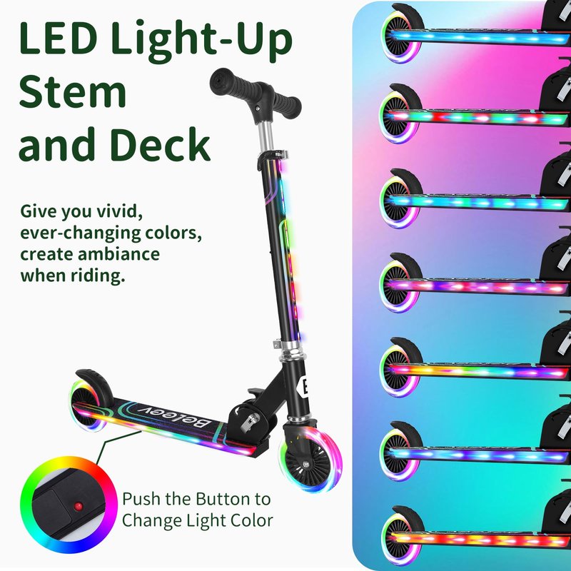 BELEEV Scooters for Kids Ages 3-12 with Light-Up Wheels & Stem & Deck, 2 Wheel Folding Scooter for Girls Boys, 3 Adjustable Height, Non-Slip Pattern Deck, Kick Scooter for Children (Black)