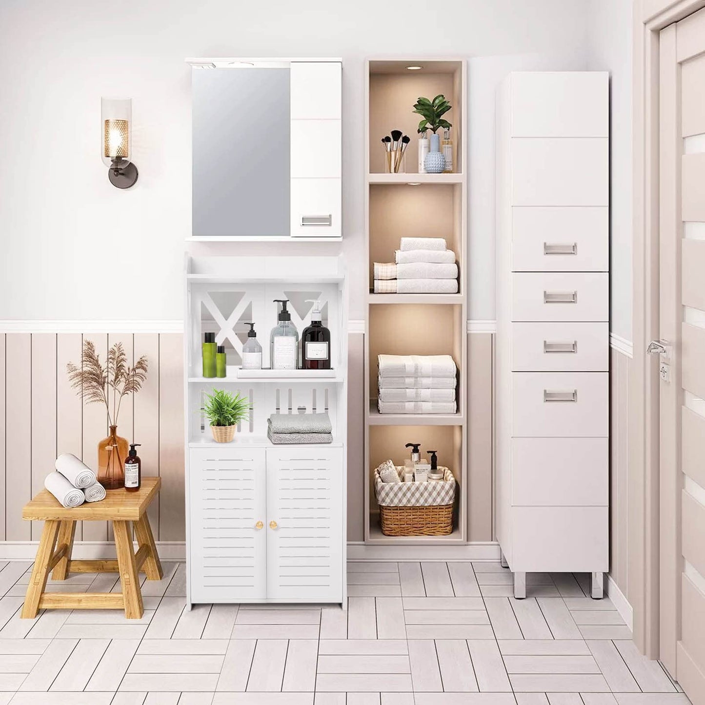 Youyijia 3 Tier Bathroom Storage Cabinet Floor Standing Display Cabinet Home Storage Furniture Organizer Unit for Office Living Room Kitchen Entryway White (3 Tier)