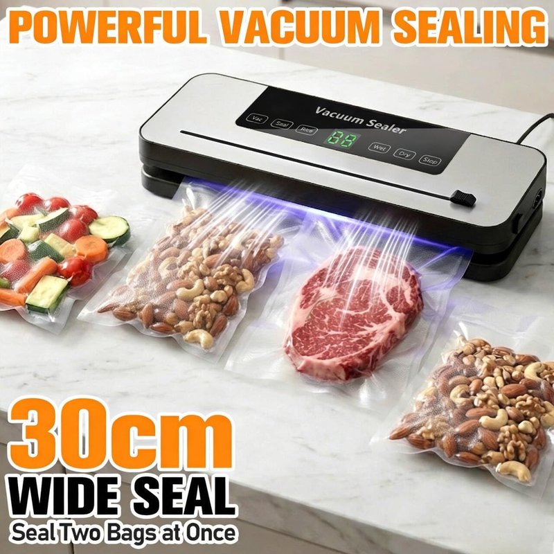Vacuum Sealer Machine - 6-in-1 One-Touch Automatic Food Saver with Built-in Cutter | Dry & Wet Modes, Digital Timer, 30 Bags - Grey