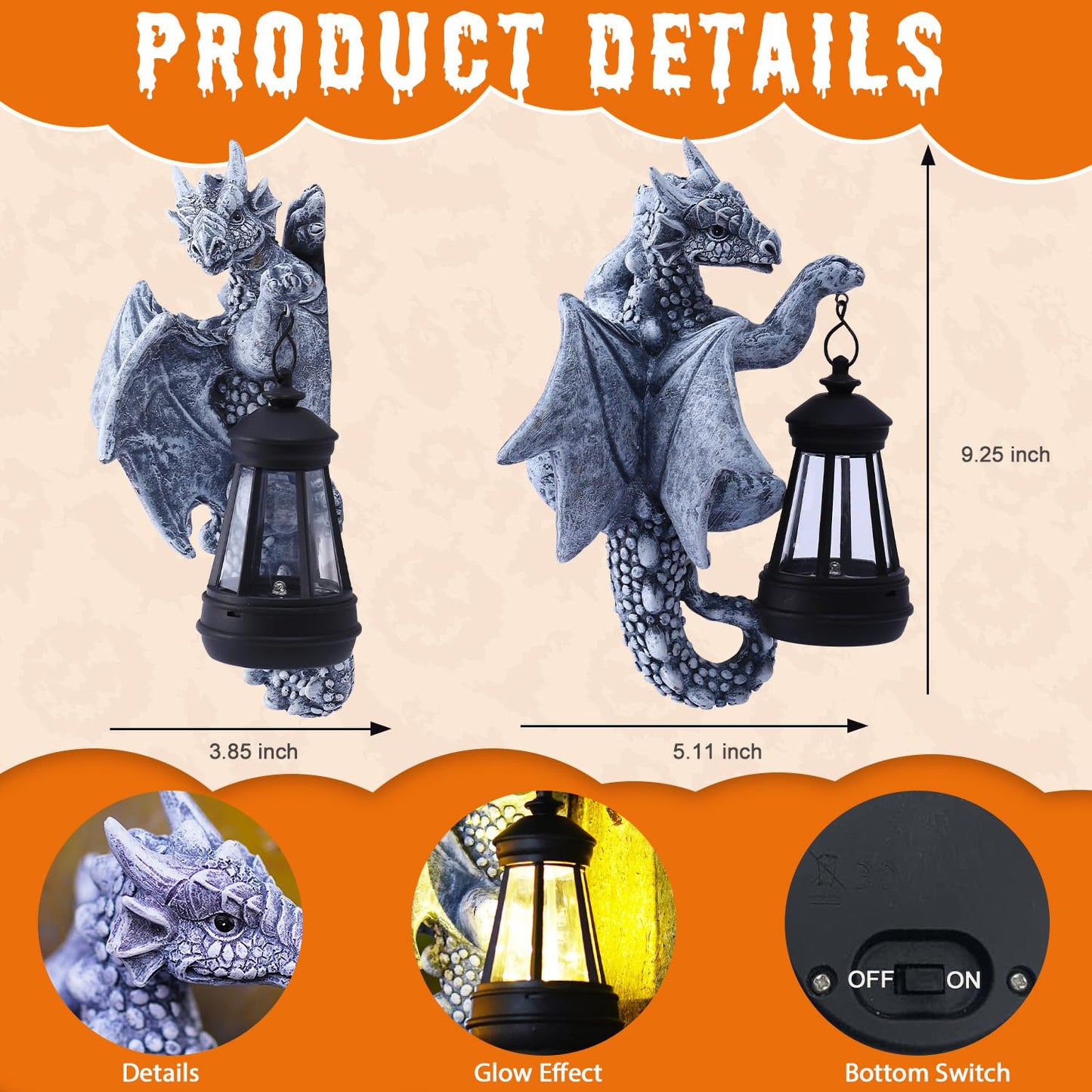 Goodeco Dragon Tree Hugger Solar Lantern Garden Statue - 9.3 Inch Resin Dragon Decor for Outdoor, Perfect Garden Gift & Yard Decor