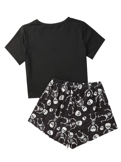 SweatyRocks Women's Cute Graphic Print Short Sleeve Crop Top with Shorts Pajama Set Skull Black L