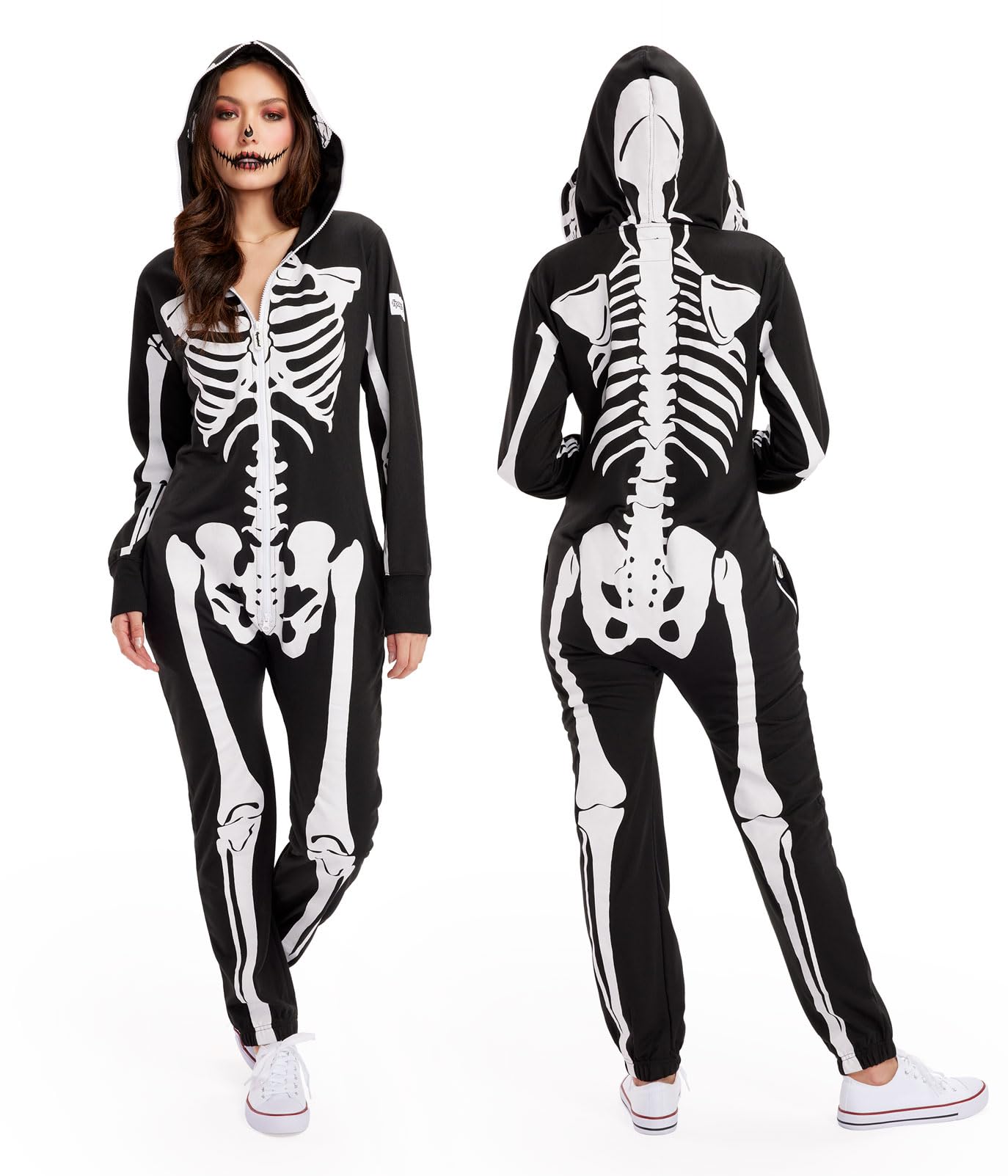 Tipsy Elves Halloween Skeleton Costume for Women - Comfy Easy Adult Onesie Jumpsuit - Front and Back Print with Zip Up Mask - Women's White Skeleton Jumpsuit Halloween Costume Size Medium