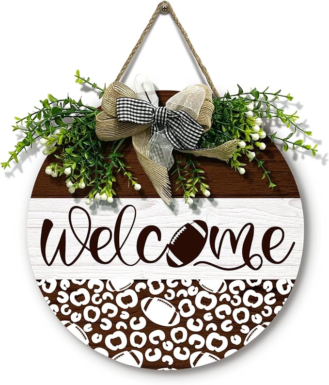 Welcome Football Front Door Sign Spring Summer Wooden Hanging Signs with Wreath And Bow Rustic Seasonal Football Game Sports Round Door Signs for Farmhouse Home Family Wall Decorations 12 X 12 Inches