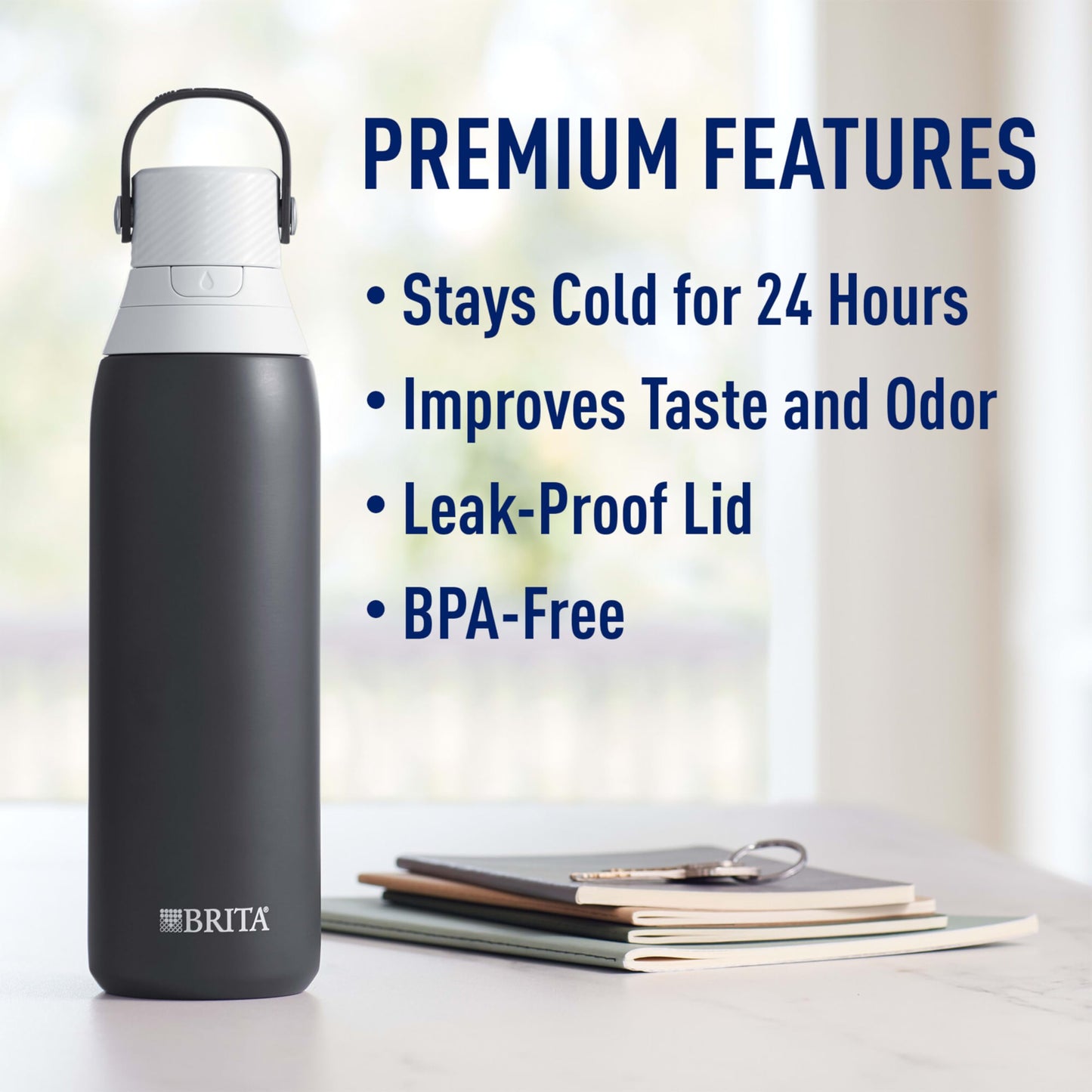 Brita Stainless Steel Premium Filtering Water Bottle, BPA-Free, Reusable, Insulated, Replaces 300 Plastic Water Bottles, Filter Lasts 2 Months or 40 Gallons, Includes 1 Filter, Carbon - 20 oz