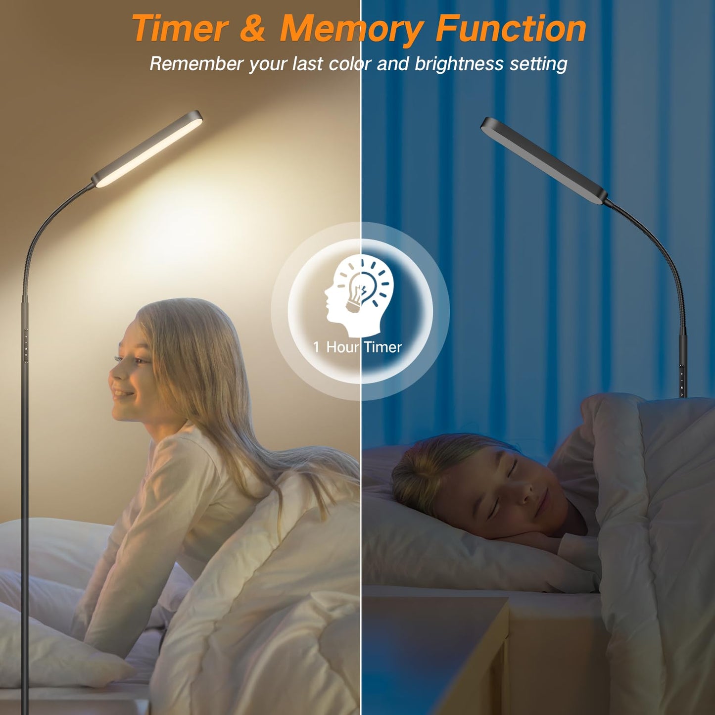 OUTON LED Floor Lamp 15W 1500LM, Dimmable Adjustable Modern Standing Light with 4 Color Temperature, Remote & Touch Control, 1 Hour Timer for Reading Living Room Bedroom Office Sewing (Black)