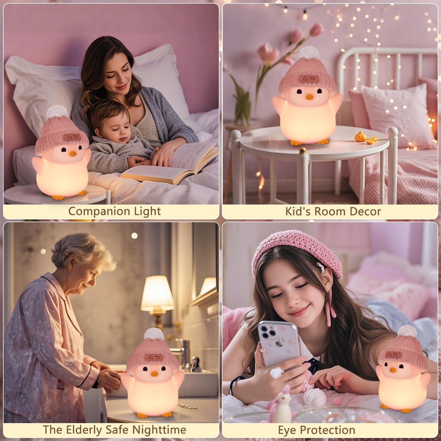FAMIDUO Penguin Night Light, Cute Pink Penguin Lamp with Knit Hat, Soft Silicone Nursery Nightlight for Baby, Rechargeable/Dimmable/Timer,LED Squishy Novelty Animal Bedside Lamp,Funny Gifts for Kids