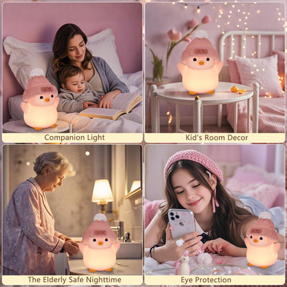 FAMIDUO Penguin Night Light, Cute Pink Penguin Lamp with Knit Hat, Soft Silicone Nursery Nightlight for Baby, Rechargeable/Dimmable/Timer,LED Squishy Novelty Animal Bedside Lamp,Funny Gifts for Kids