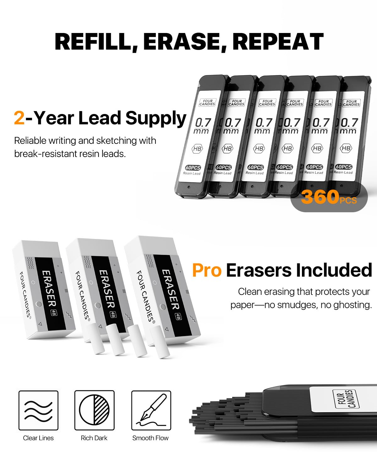 Four Candies Metal Mechanical Pencil Set - 3PCS 0.7mm Art Mechanical Pencils & 360PCS HB Lead Refills & 3PCS Erasers & 9PCS Eraser Refills, Drawing Mechanical Pencils for Writing, Sketching-With Case