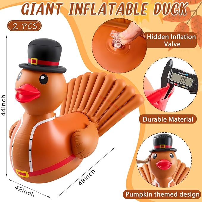 Hungdao 2 Pcs 4 Feet PVC Thanksgiving Inflatables Turkey Duck, Giant Thanksgiving Duck with Turkey Tail, Huge Blow up Rubber Decorations for Outdoor Indoor Lawn Pool Float Yard Fall Party Supplies