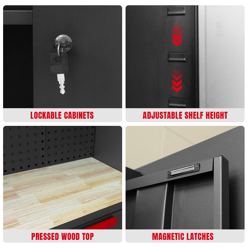 TCE Garage Cabinets Storage System: 6 Piece Set with Lockers and Workbench for Home, Office, Gym, School, Black/Grey