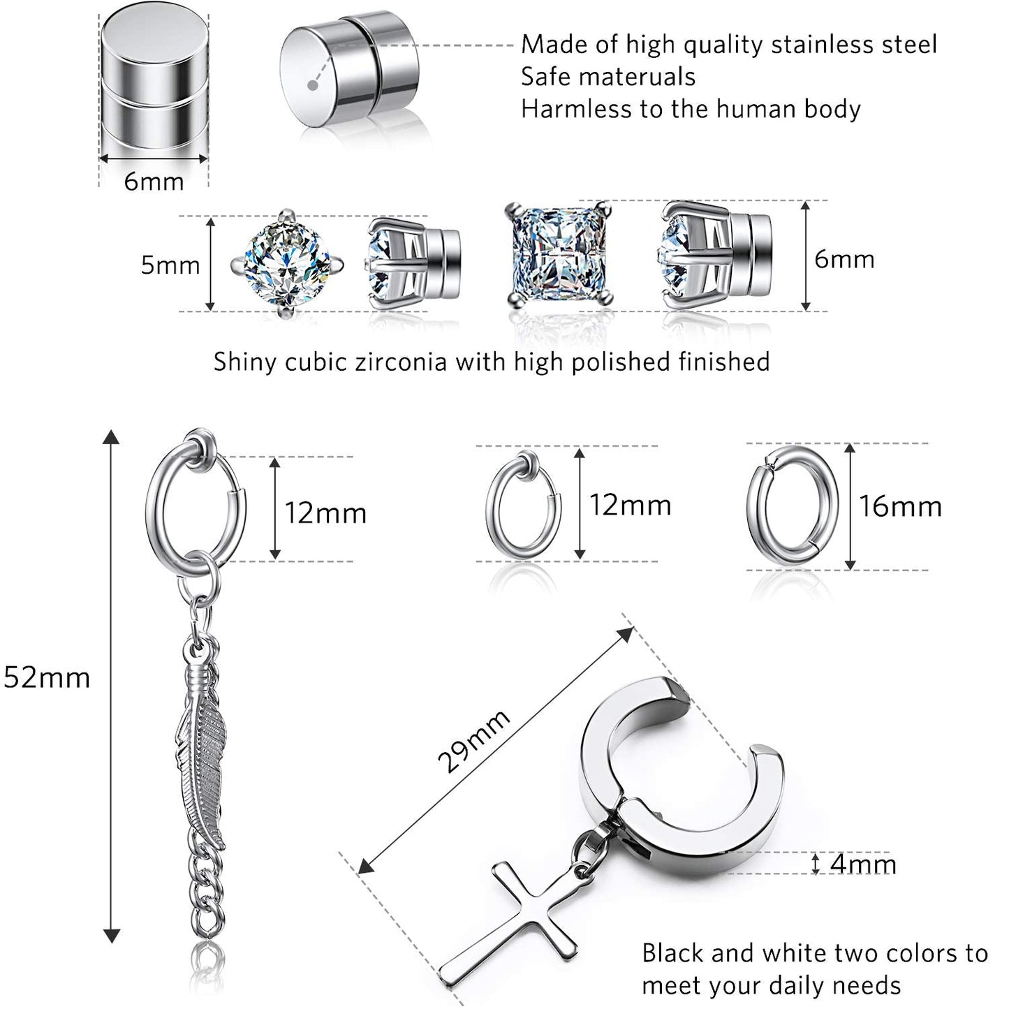 Hicarer 9 Pairs Magnetic Stud Earrings Non Pierced Silver Stainless Steel Feather Dangle Earrings for Women and Men, stainless steel, cubic zirconia