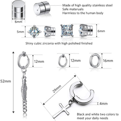 Hicarer 9 Pairs Magnetic Stud Earrings Non Pierced Silver Stainless Steel Feather Dangle Earrings for Women and Men, stainless steel, cubic zirconia