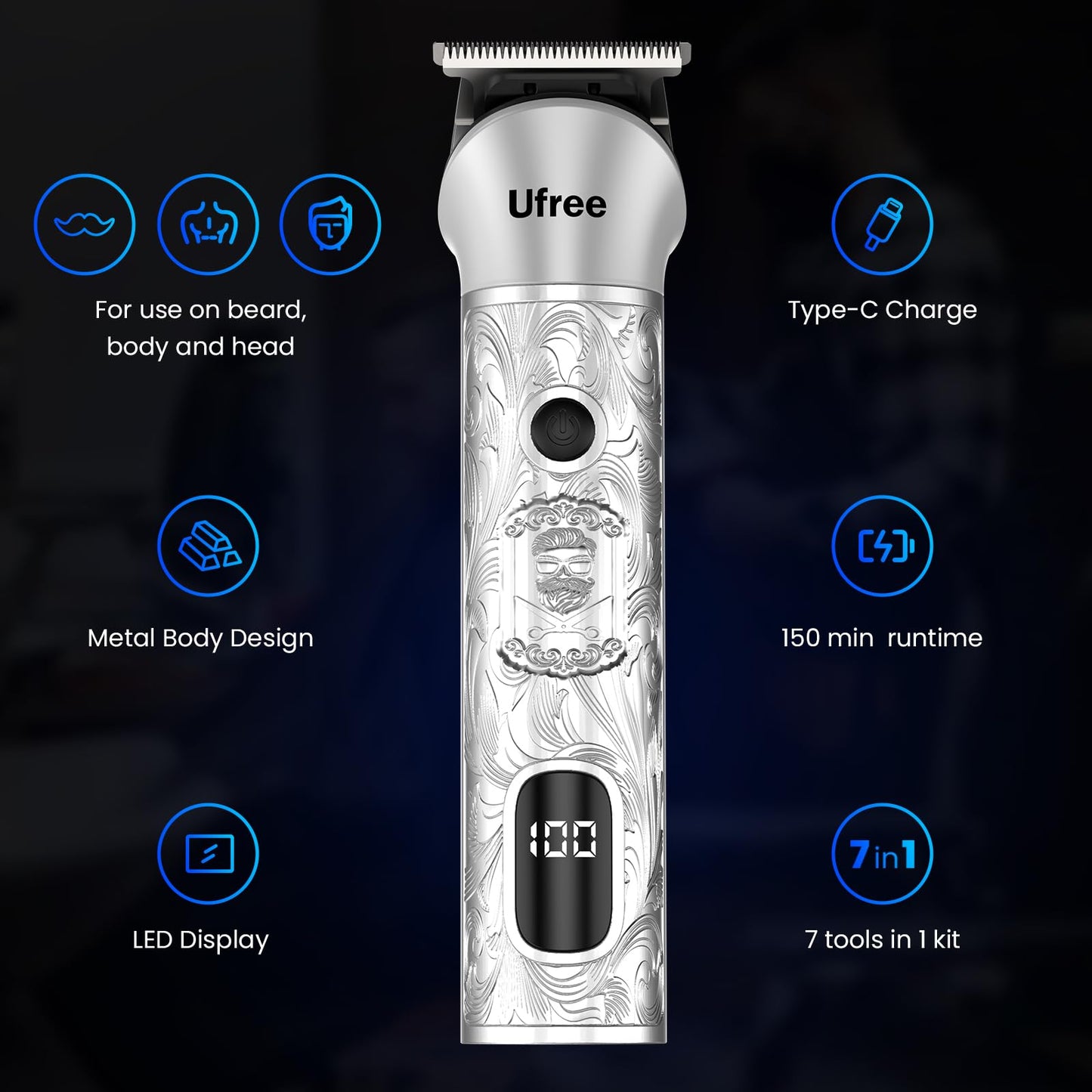 Ufree Beard Trimmer for Men, Electric Razor Shaver, Cordless Hair Clipper Shaving Kit for Mustache Body Nose Ear Hair Facial, Adjustable Beard Grooming Kit Birthday Gifts for Men