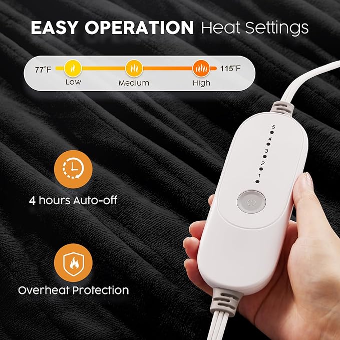 HYLEORY Heated Electric Blanket Twin 62"x84" Soft Fleece & Flannel with 5 Heating Levels & 10 Hours Timer Auto Shutt Off, ETL Certified, Washable，Heated Blanket for Body-Black
