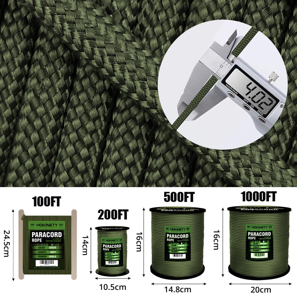 1000Ib Paracord Rope - 100ft / 200ft / 500ft / 1000ft 4mm,12 Strand Parachute Spool Cord,para Cord Lanyard for Camping,Hammock,Clothsline,Hiking,Fishing,Survival braceletand Survival - ArmyGreen 50FT