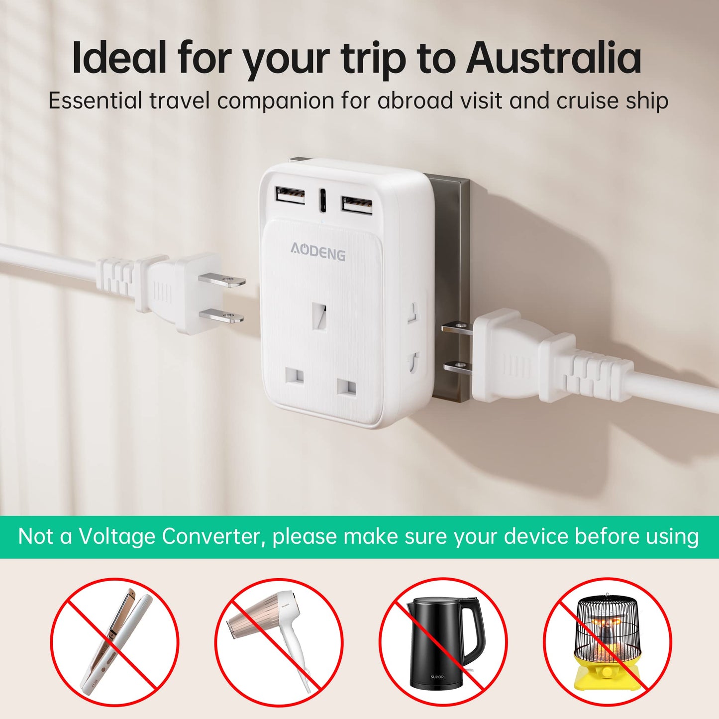 UK to Australia Plug Adapter 2 Pack 6 IN 1 Australian Travel Adapter with 2 USB Ports & 1 USB-C Fast Charger(5V/3.4A) and 2 Shaver Plug Adaptor UK to Australian New Zealand Fiji Argentina etc (Type I)