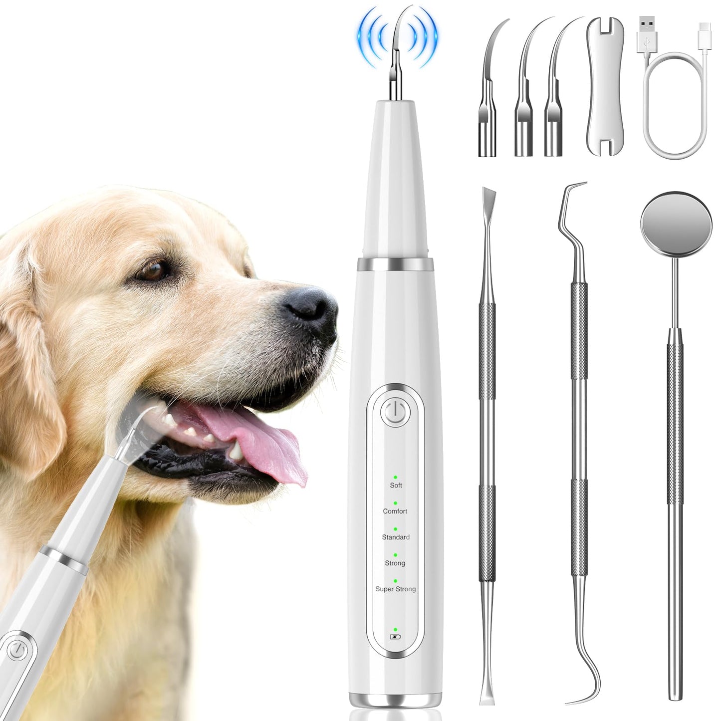 Dog Tartar Remover for Teeth, Dog Teeth Cleaning Kit with LED Light and 5 Modes, Teeth Cleaner for Dogs and Cats,White