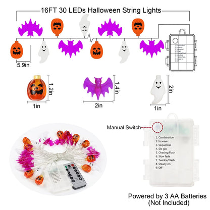 Halloween Lights Decorations, 16 FT 30 LED Waterproof 3D Pumpkin Bat Ghost Battery Operated String Lights with Timer, 8 Lighting Modes Fairy Light for Home Window Indoor Outdoor Halloween Party Decor