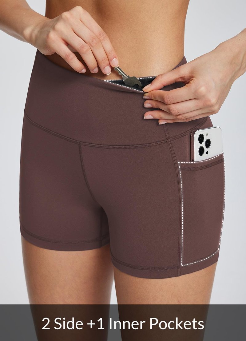 baleaf Gym Shorts Women 3" Biker Workout Yoga Spandex Running Volleyball Tummy Control Compression with Pockets Brown XXXL