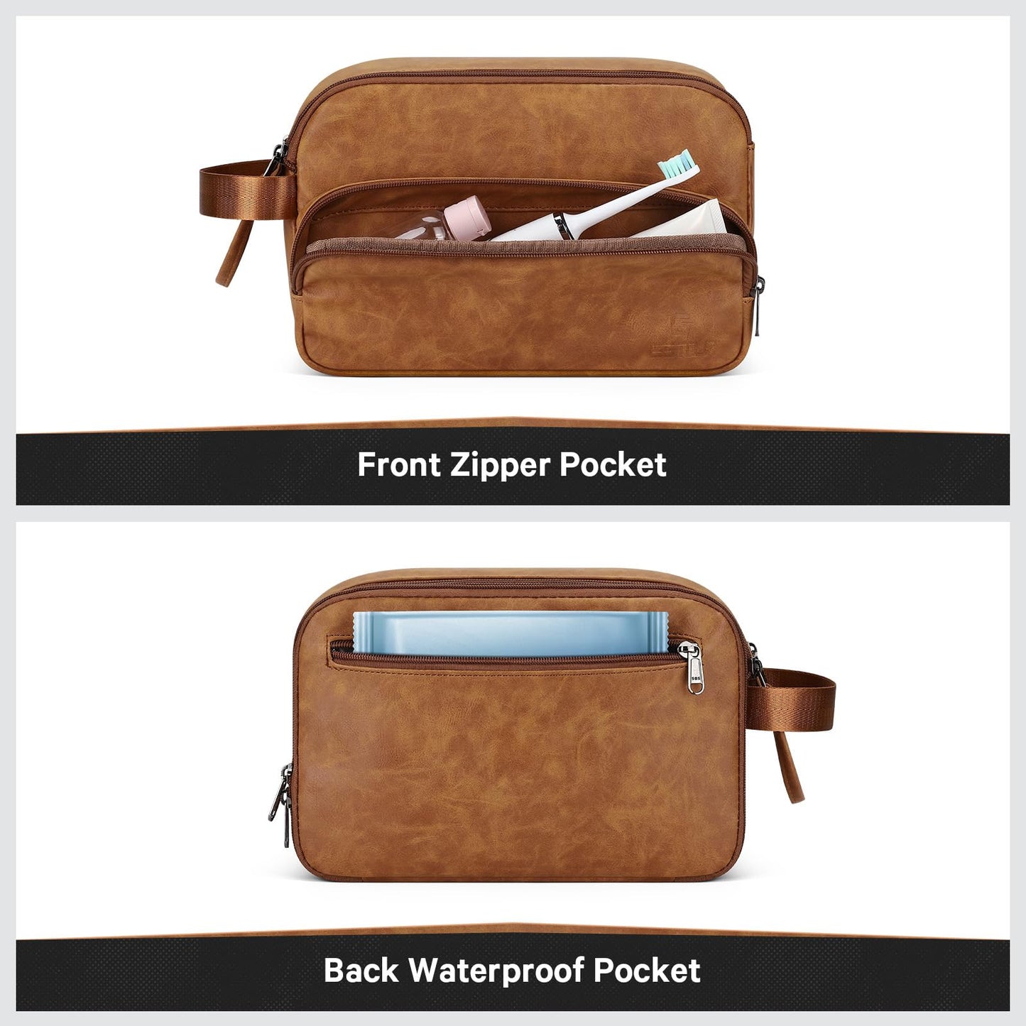 Estour Toiletry Bag for Men, Travel Toiletry Bag Travel Essentials, Dopp Kit Water-resistant Shaving Bag, Bathroom Bag Toiletries Organizer, Brown(PU Leather)