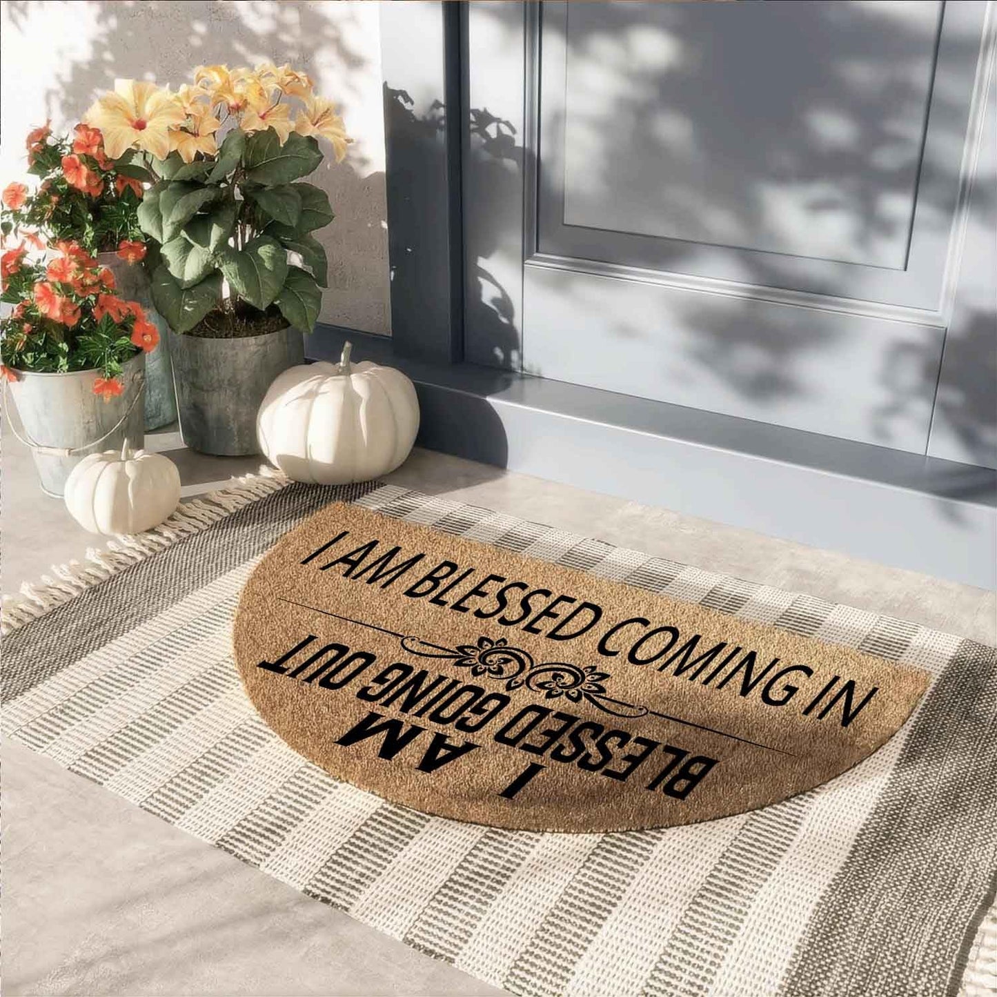 Christian Blessing Welcome Mat - Blessed Coming in & Going Out Half Round Doormat, 29.5" x 17" Faux Coir Entryway Rug, 0.4" Thick Non-Slip Rubber Backing, Durable Religious Floor Decor