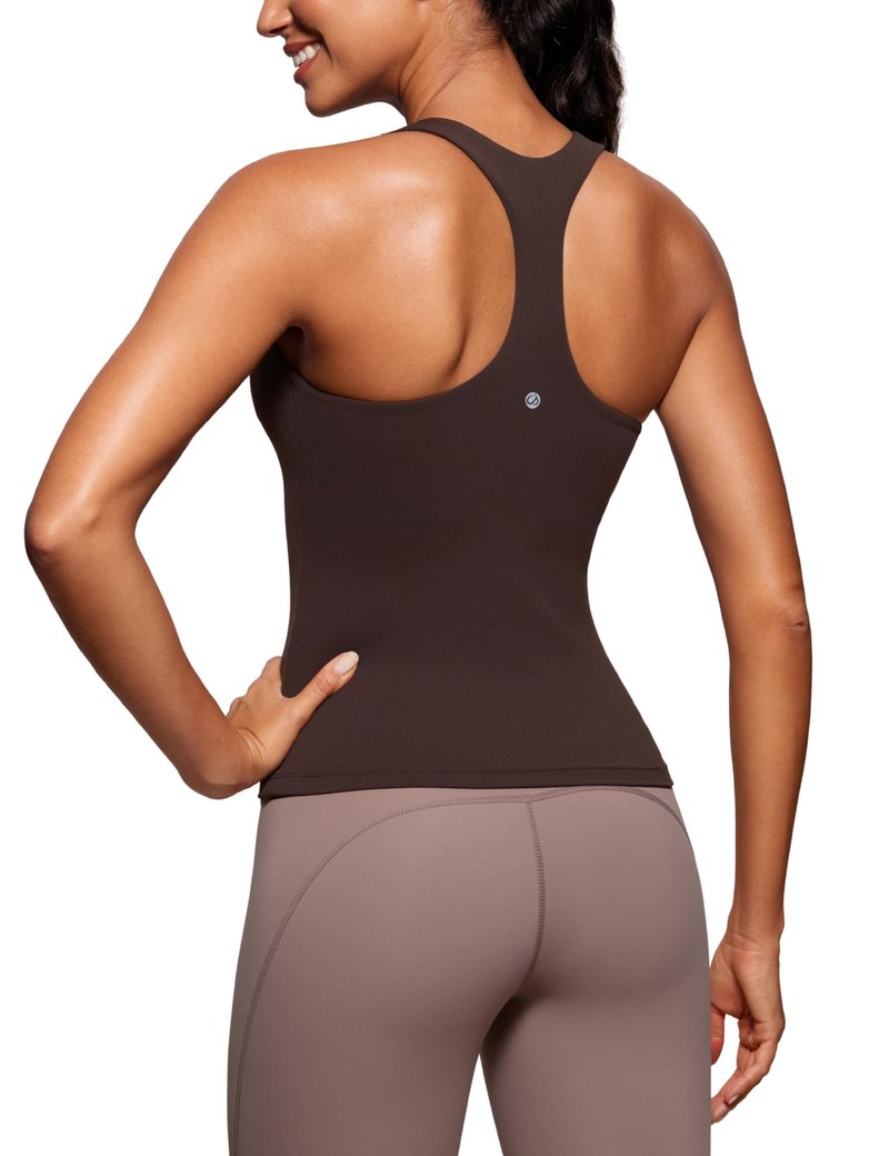 CRZ YOGA Butterluxe Workout Racerback Tank Tops for Women - Padded Athletic Spandex Yoga Shirts with Built in Bra Hot Fudge Brown XX-Small