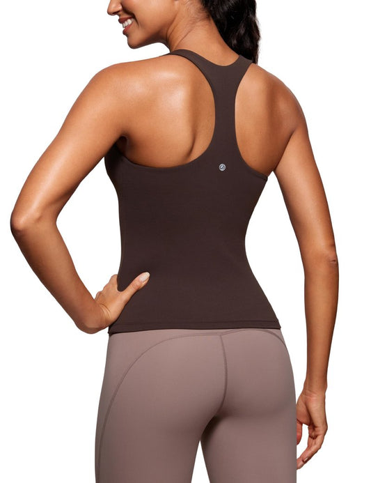 CRZ YOGA Butterluxe Workout Racerback Tank Tops for Women - Padded Athletic Spandex Yoga Shirts with Built in Bra Hot Fudge Brown XX-Small