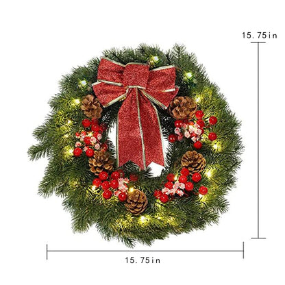 MorTime 16 Inches LED Christmas Wreath with Pinecones Red Berries, Red Bowknot Lighted Christmas Wreath with 40 LED Warm White Lights for Winter Holidays Home Decoration