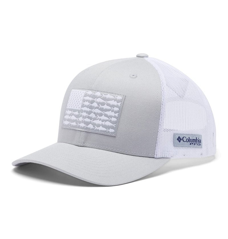 Columbia Unisex PFG Mesh Snap Back Fish Flag Ball Cap, Cool Grey/White/US Fish Flag, One Size