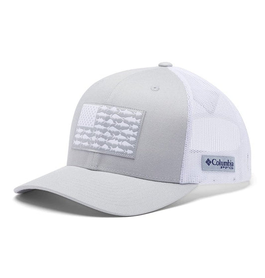 Columbia Unisex PFG Mesh Snap Back Fish Flag Ball Cap, Cool Grey/White/US Fish Flag, One Size