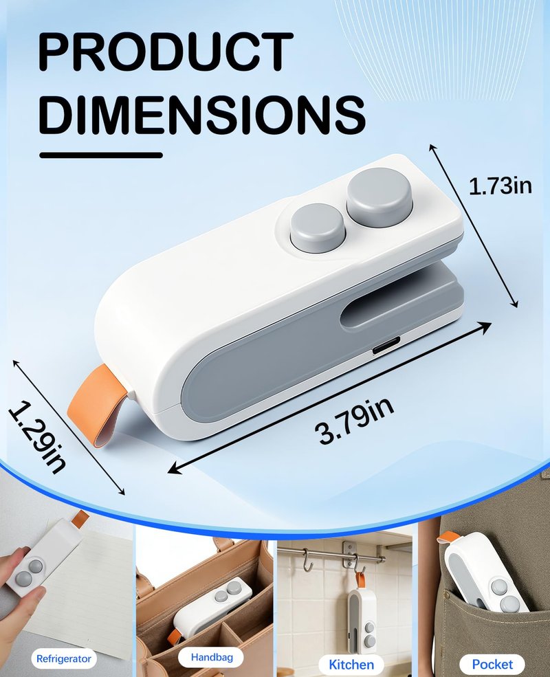 3-in-1 Mini Bag Sealer with Cutter and Magnet,Rechargeable Handheld Bag Sealer,Portable Heat Sealer for Heavy-Duty Plastic Snack & Chip Bags, Food Saver, Kitchen Storage