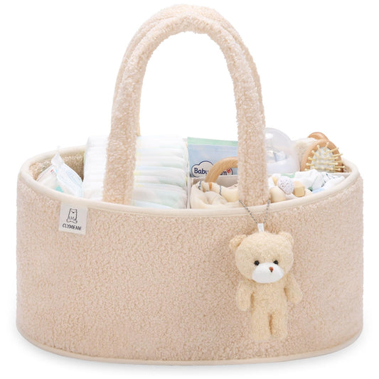 CLYMENE Baby Diaper Caddy Organizer, Nursery Storage Basket for Diapers and Wipes - Newborn Changing Table Essentials, Baby Gift Registry for Baby Shower - Diaper Tote Bag for Car Travel - Ivory