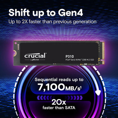 Crucial P310 1TB SSD M.2 2280 NVMe PCIe Gen4 Internal Gaming SSD, Up to 7,100MB/s, Laptop & Desktop (PC) Compatible, Solid State Drive - CT1000P310SSD801