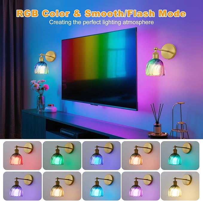 Vintage Battery Powered Cordless Wall Sconce Set of 2, Battery Wall Sconce with Green Glass Lampshade, Rechargeable Battery Powered Wall Lights with Remote Control for Bedside Bedroom Doorway
