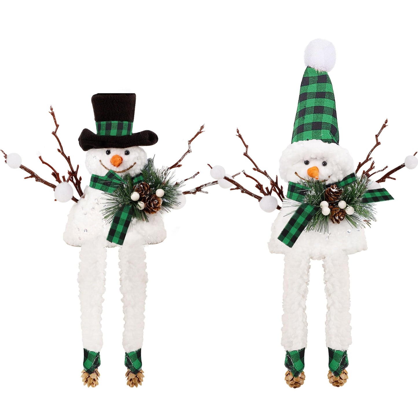Lulu Home Christmas Snowman Decorations, Set of 2 Plush Shelf Sitters with Dangling Legs, Black & Green Checked Snowman Ornaments for Table Mantel Desk Fireplace Home Holiday Decor