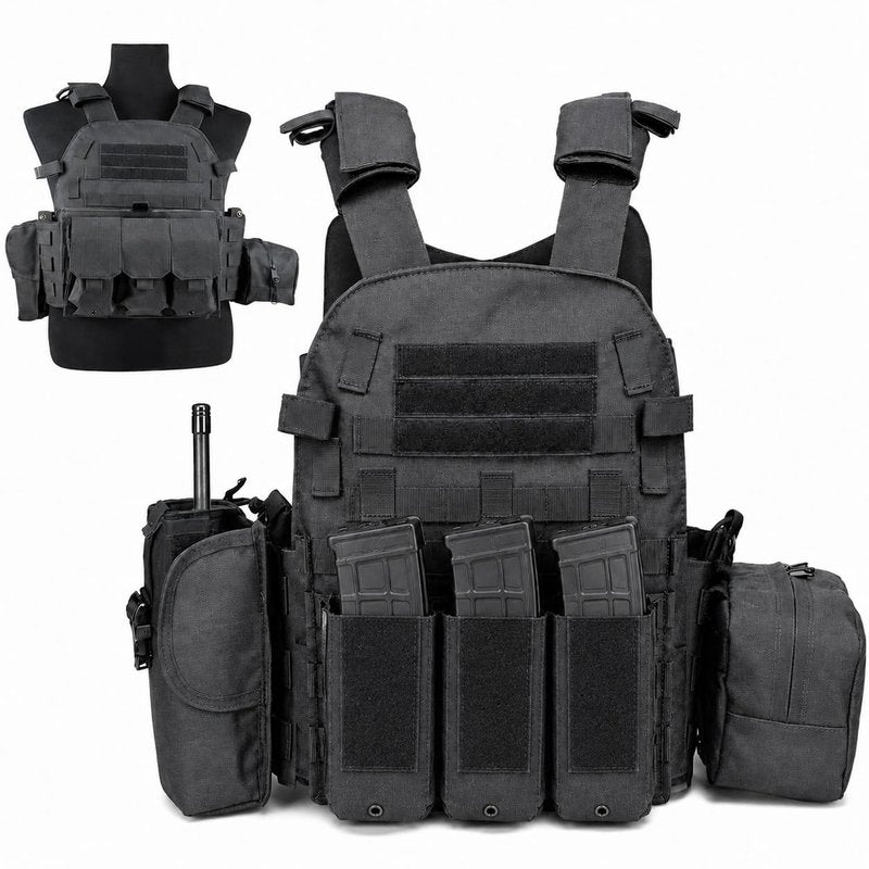 Veasunverse Tactical Vest for Airsoft & Paintball, Adjustable MOLLE Plate Carrier with Patch Panels for Hunting & Outdoor Training(Black)