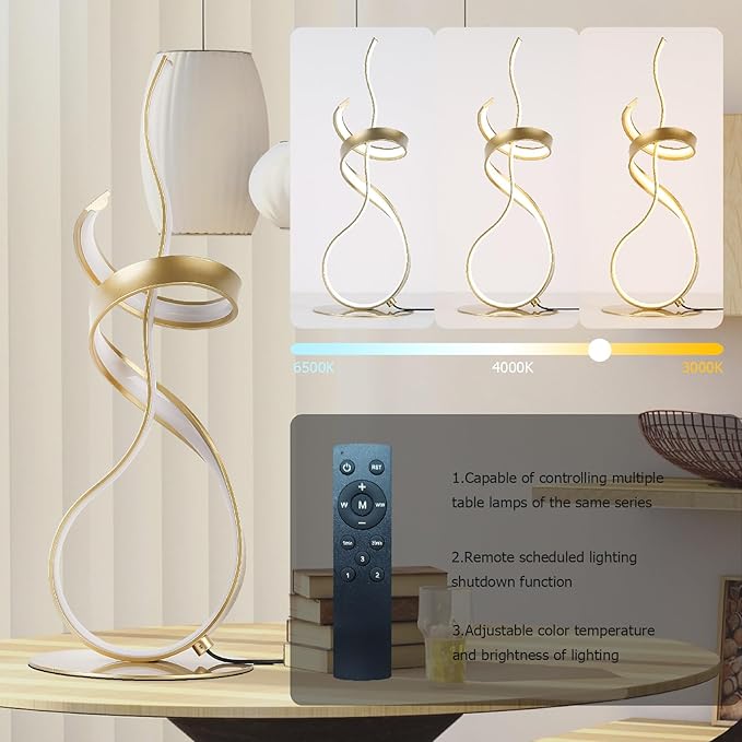 Gold Art Spiral 24W LED Table Lamp with Touch Remote Dimmer, 22" Unique Creative Stylish Smart Lamp, LED Desk Lamp for Dining Room, Bedroom, Bedside, Restaurant, Bar (Gold)