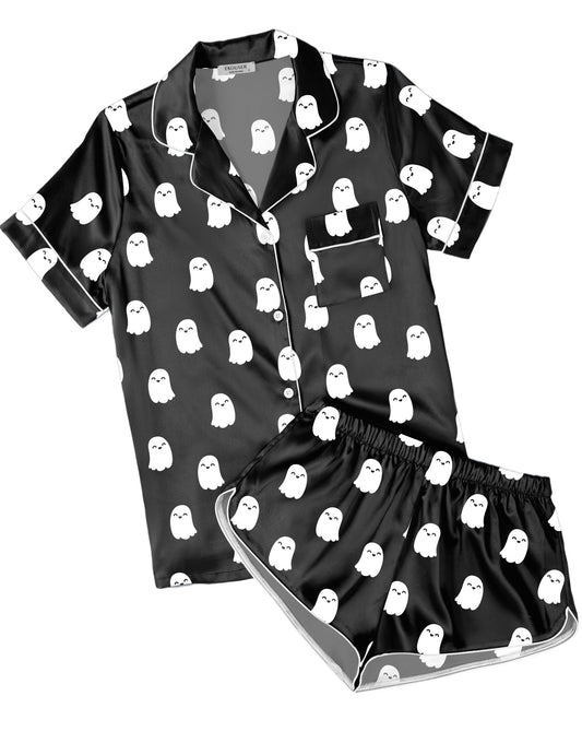 Ekouaer Womens Silky Satin Pajamas Short Sleeve Sleepwear Soft Button Down Loungewear 2 Piece PJS Shorts Set Black Halloween Ghost X-Large