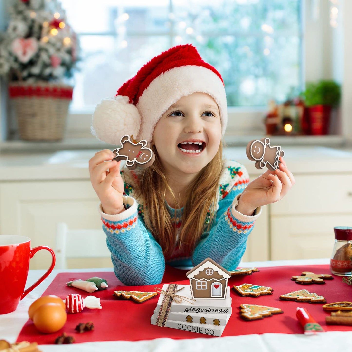 Jetec 6 Pcs Christmas Gingerbread Table Decor Wooden Xmas Gingerbread House Signs Farmhouse Tiered Tray Decor Rustic Mini Book Wood Block Centerpiece Decorations for Home Office Desk Shelf Party Gift