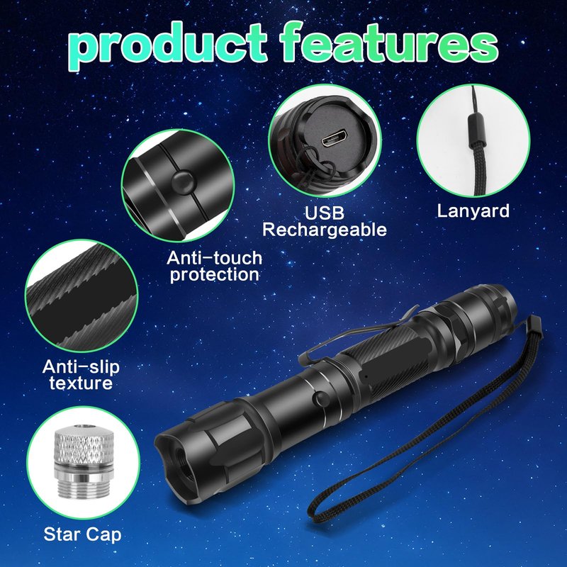 FUIIKEEM Long Range Green Laser Pointer - High Power Flashlight with Laser Pointer - Rechargeable, Star Cap for Astronomy, Construction, Outdoor Adventures