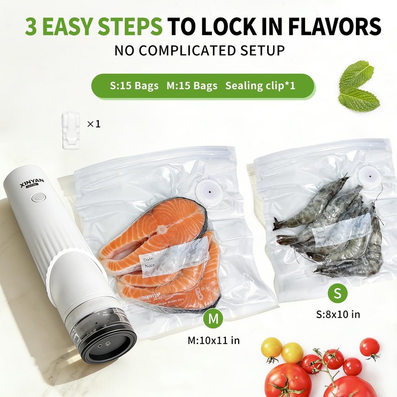 Xinyonxin Handheld Vacuum Sealer Machine with 30 Reusable Bags, Cordless Electric Food Preservation Pump for Meat and Sous Vide, USB Rechargeable Mini Sealing System for Kitchen
