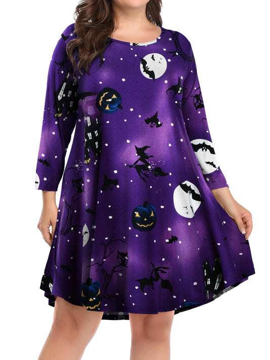 BELAROI Womens Halloween Dress Plus Size Dress Fall Dresses Casual 3/4 Sleeve T Shirt Dresses Swing Tunic Dress Pumpkin, Witch, Horror Pattern Print with Pockets (1X, Flower61)