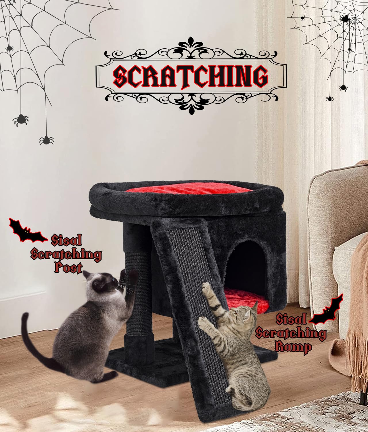 SYANDLVY Gothic Cat Tree with Coffin Bed for Indoor Cats, Cat Tower with Scratching Post, Modern Activity House for Large Cats, Condo with Board, Kittens Cave