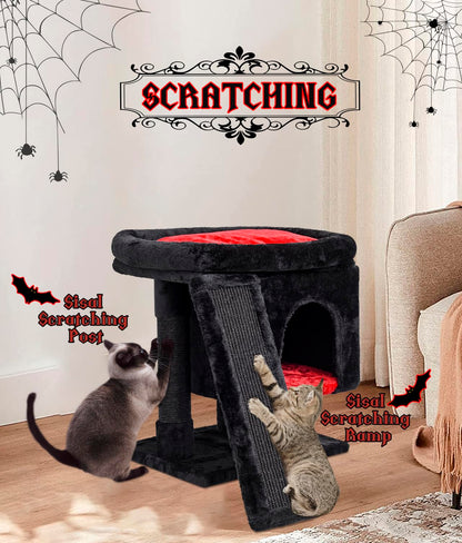 SYANDLVY Gothic Cat Tree with Coffin Bed for Indoor Cats, Cat Tower with Scratching Post, Modern Activity House for Large Cats, Condo with Board, Kittens Cave