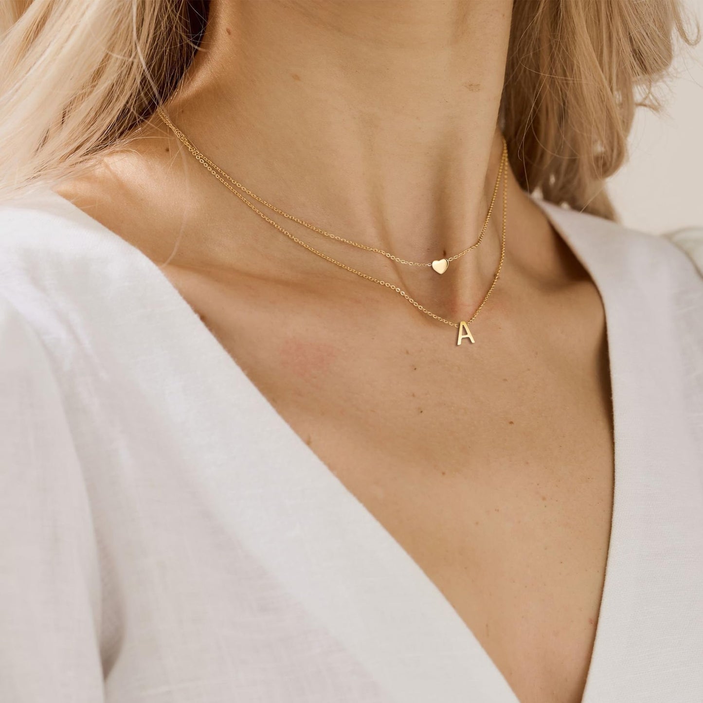 MOMOL 18K Gold Plated Stainless Steel Layered Heart Initial Necklace Personalized Tiny Letter A Choker Necklace Monogram Name Necklace for Women