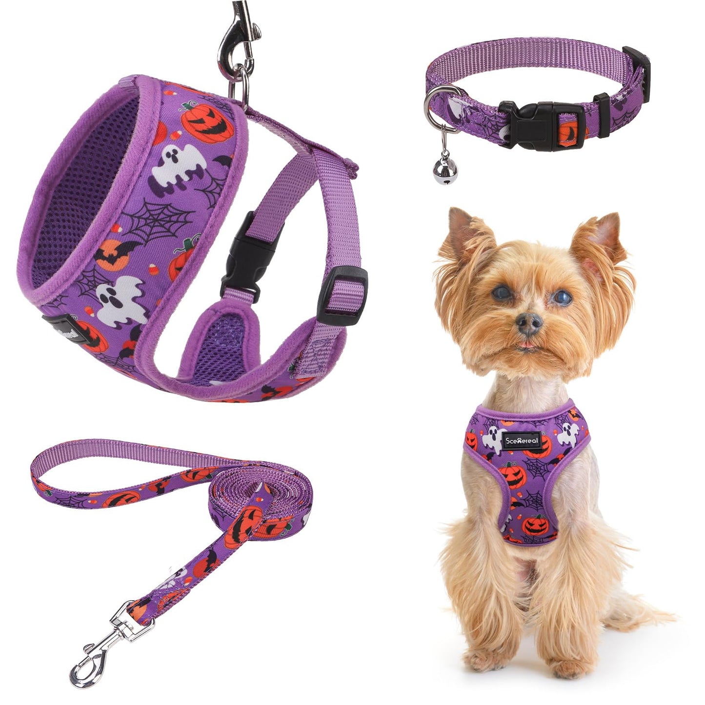 SCENEREAL Halloween Small Dog Harness Collar and Leash Set, Adjustable No Pull Pet Harnesses, No Chock Soft Mesh Step in Vest Costume for Doggie Puppy Dogs Cats Girl Boy Outdoor Walking