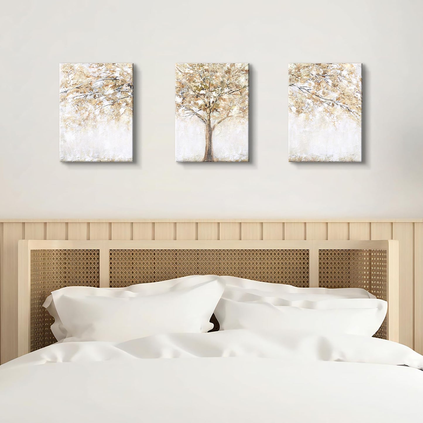 3 Panels Wooden Framed Tree Canvas Wall Art Beige Abstract Painting on Canvas Prints Poster Pictures for Living Room Bedroom Bathroom Dinning Room Hallway Home Office Wall Decoration 30x40cm x3pcs