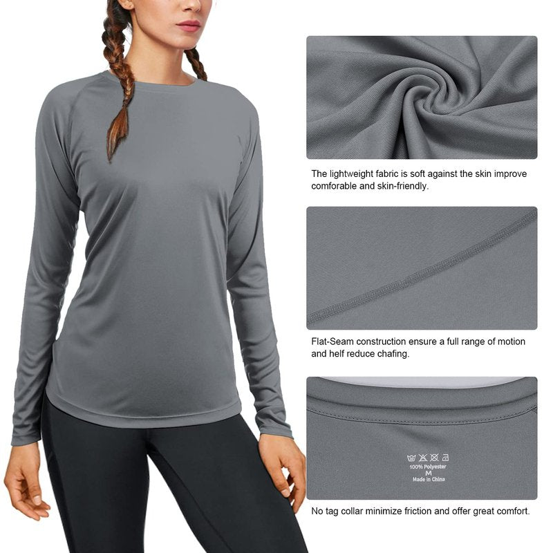 isnowood Womens Long Sleeve Rash Guard, UV UPF 50+ Sun Protection Shirts, Quick Dry Lightweight Tops for Swimming Workout Hiking Running Gray