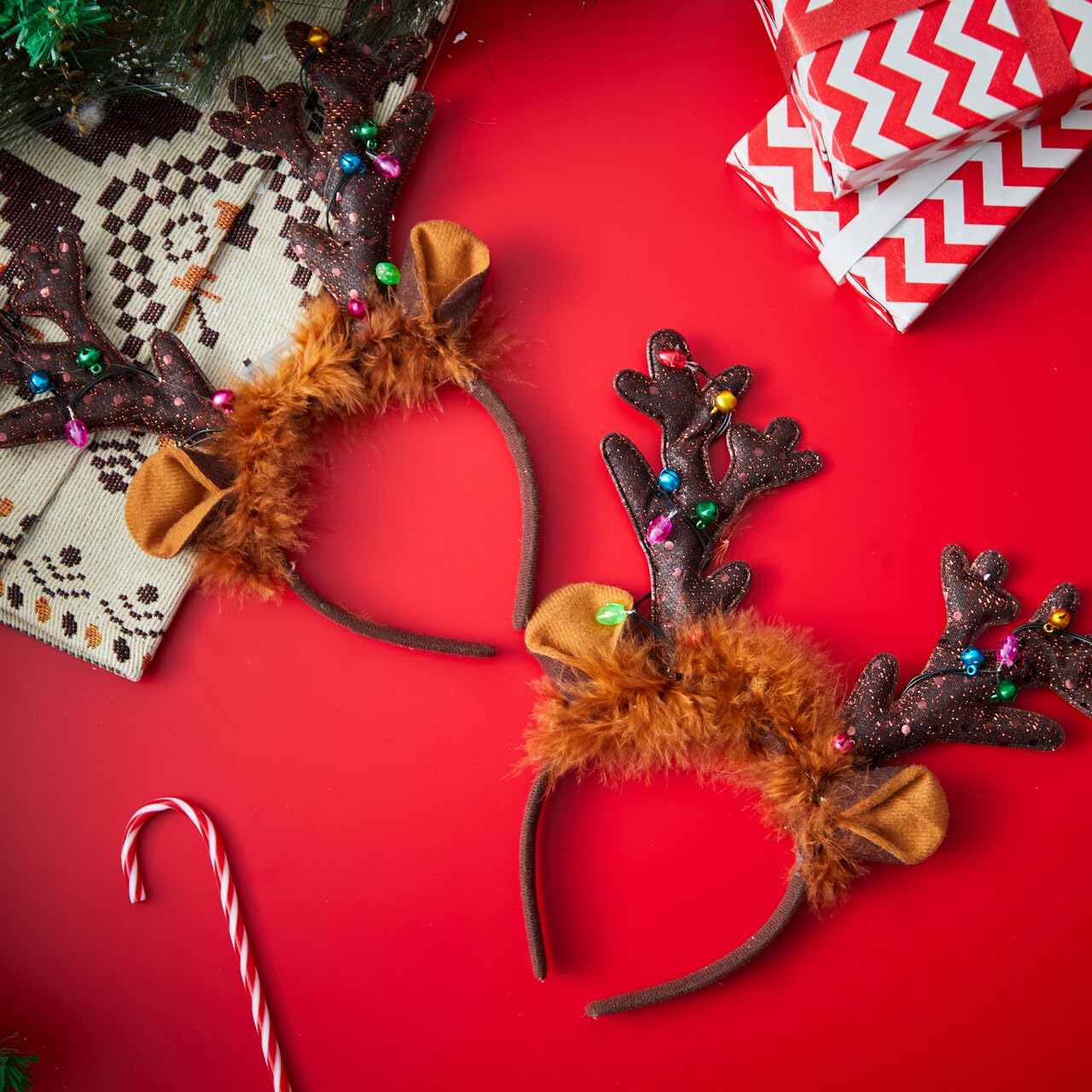 JOYIN Christmas 2PCS Reindeer Headband, Light-Up LED Antlers Reindeer Hat Holiday Headbands for Christmas Party Supplies and Holiday Parties Favors (ONE SIZE FITS ALL)