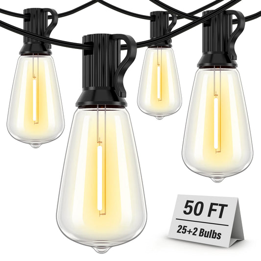 Doukedge Outdoor String Lights Waterproof, 50FT Patio Lights with 26 ST38 Edison Bulbs (1 Sqare), Outside Hanging Decorative Lights for Porch, Blacony, Blackyard, Bistro, Garden, 2700K